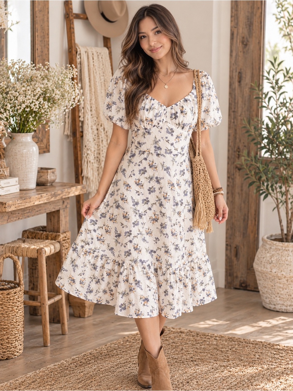 Lucy Paris White Blue Floral Smocked Puff Sleeve Midi Dress Size Small